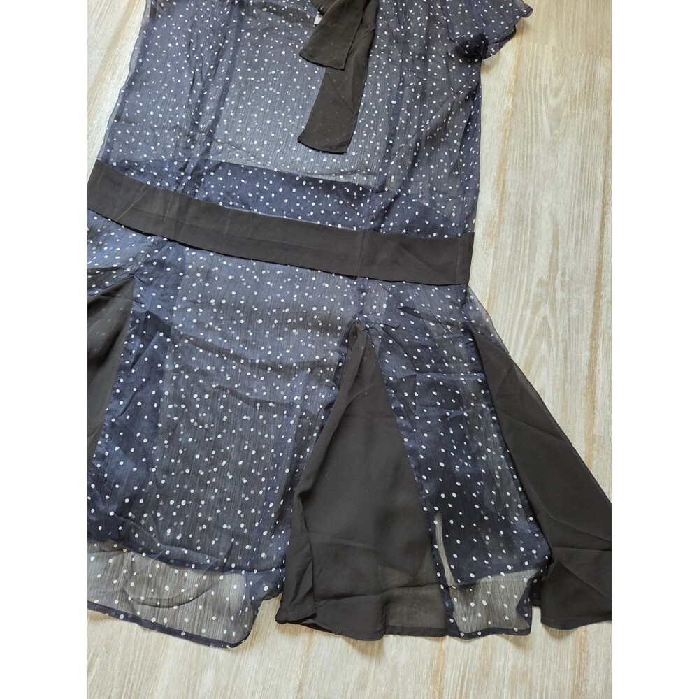 NWT Marycrafts Polka Dot Sheer Tie Neck Chiffon Fit Flare Dress Navy & Black L - Picture 3 of 9